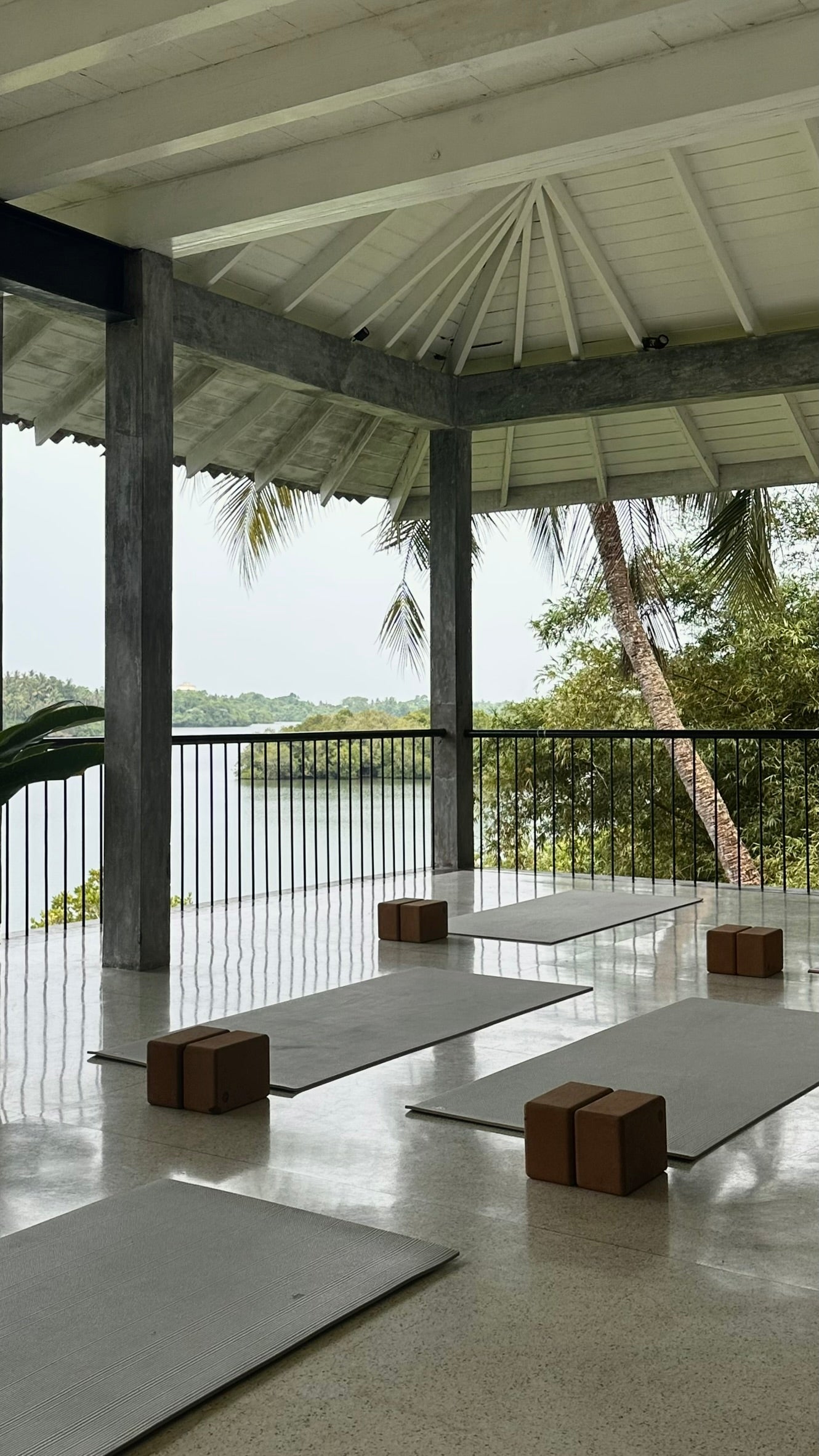 Yoga mats on a deck with a lake and trees in the background.